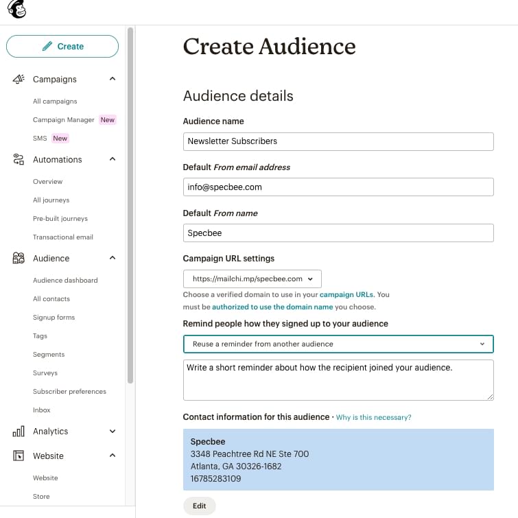 Create an audience in Mailchimp