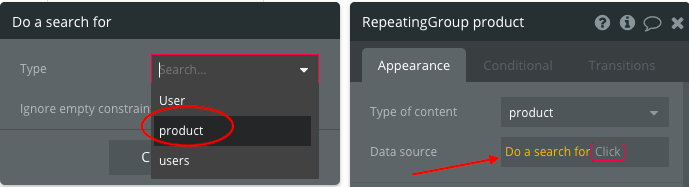 Set repeating group content type and data source