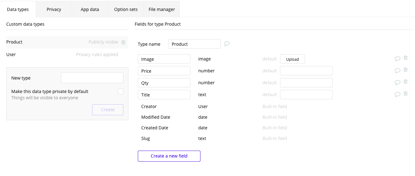 Data types tab